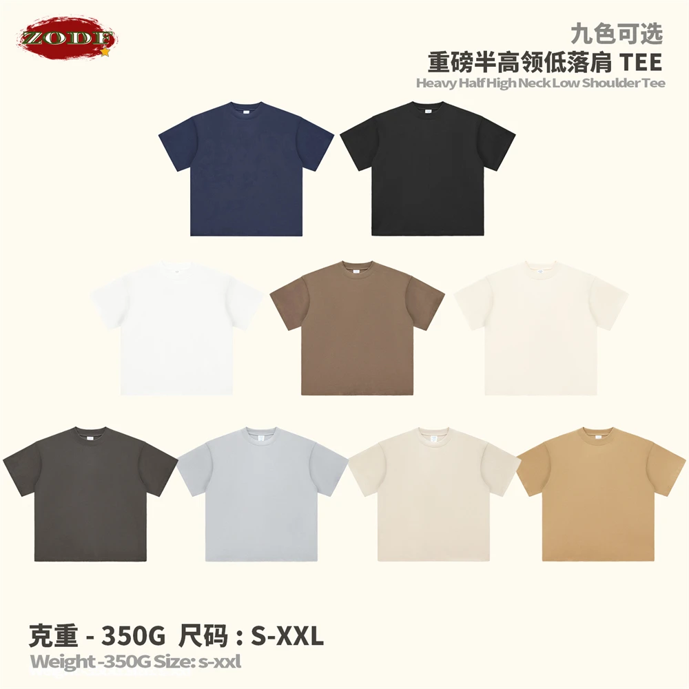 ZODF موضة 2026 الصيف رجل 350gsm تي شيرت للجنسين عالية الرقبة كبيرة الحجم قصيرة الأكمام الوزن الثقيل القطن تي شيرت العلامة التجارية تيز HY0031 #5