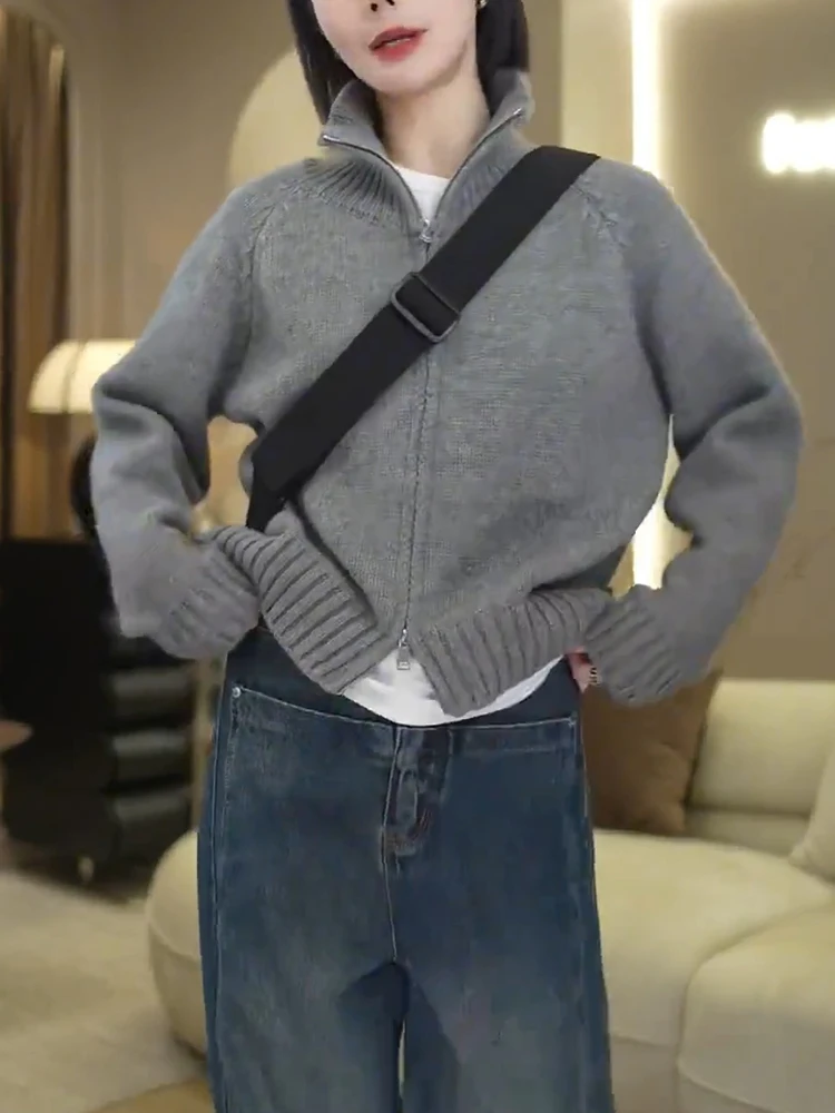 

Весенний повседневный вязаный свитер с двойной молнией, однотонный, больших размеров, модный, скрывающий фигуру, в корейском стиле, с высоким воротником