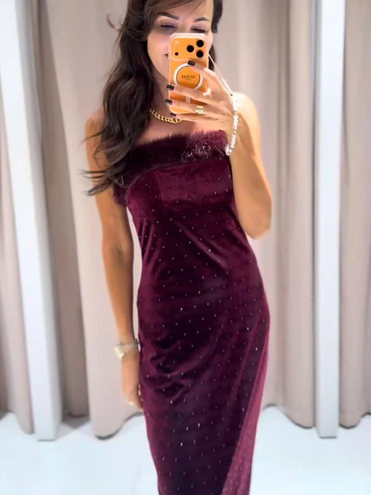 TFMLN-vestido ceñido al cuerpo para mujer, vestido Sexy ajustado con decoración de cuentas, vestido largo de terciopelo con tirantes, vestido elegante de fiesta empalmado con tirantes finos