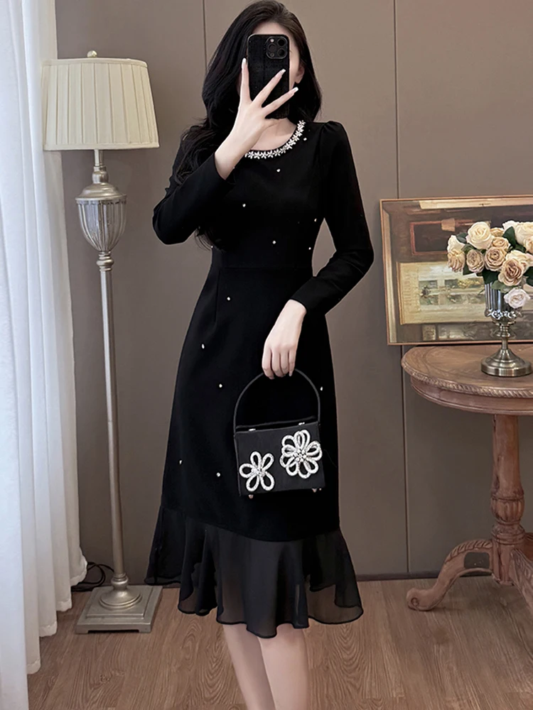 

2025 черное бархатное лоскутное платье русалки с рюшами и бриллиантами, осень-зима, облегающее платье с длинными рукавами, женское винтажное роскошное платье