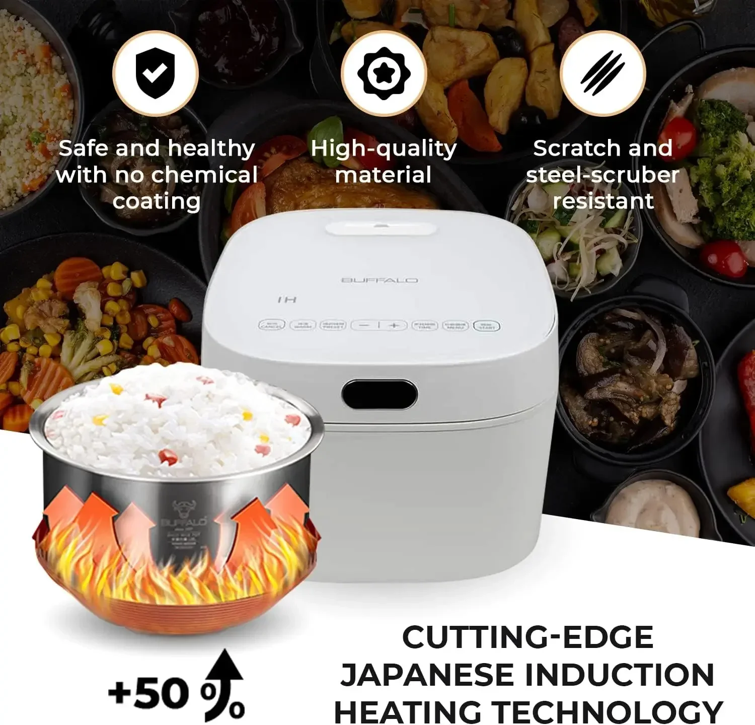 Buffalo White IH SMART COOKER, Urządzenie do gotowania ryżu i podgrzewacz, 1 l, 5 filiżanek ryżu, garnek wewnętrzny nie powlekany, wydajny, wielokrotność