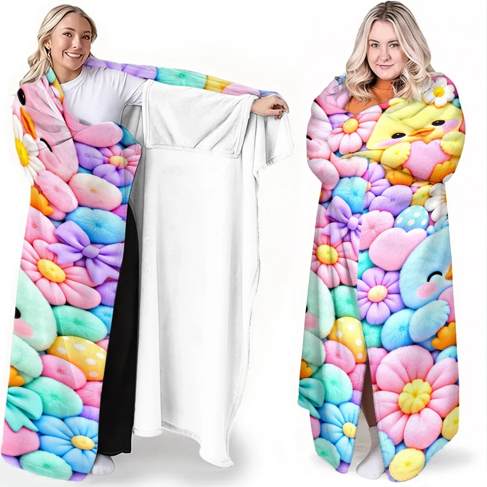 1pc Cartoon Chicks and Flowers Print Wearable Blanket-Soft and Comfortable. Perfect for cozy breaks, gifts, and everyday comfort