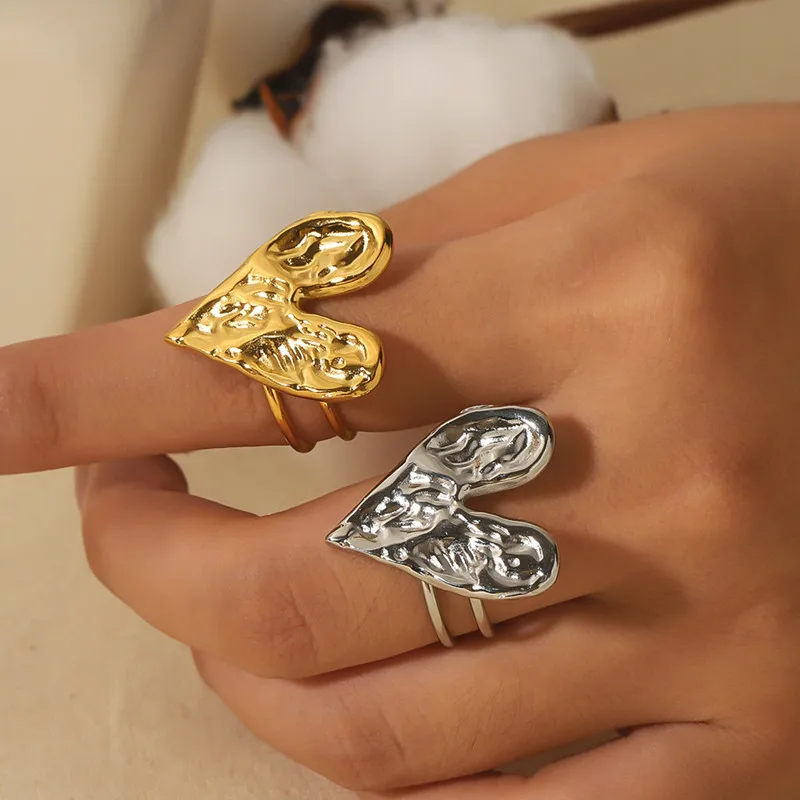 Edelstahl Hammer Muster großes Herz Öffnung goldenen Ring für Frauen Mode accessoires Textur Design Schmuck Geburtstags geschenke