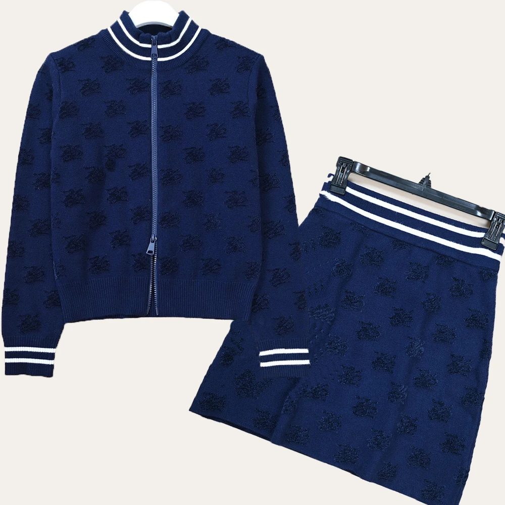 

Elegant Lady's Jacket And Half Skirt Ensemble with Embroidered Letters Stand Collar Long Sleeve Zipper Closure Fashion Set