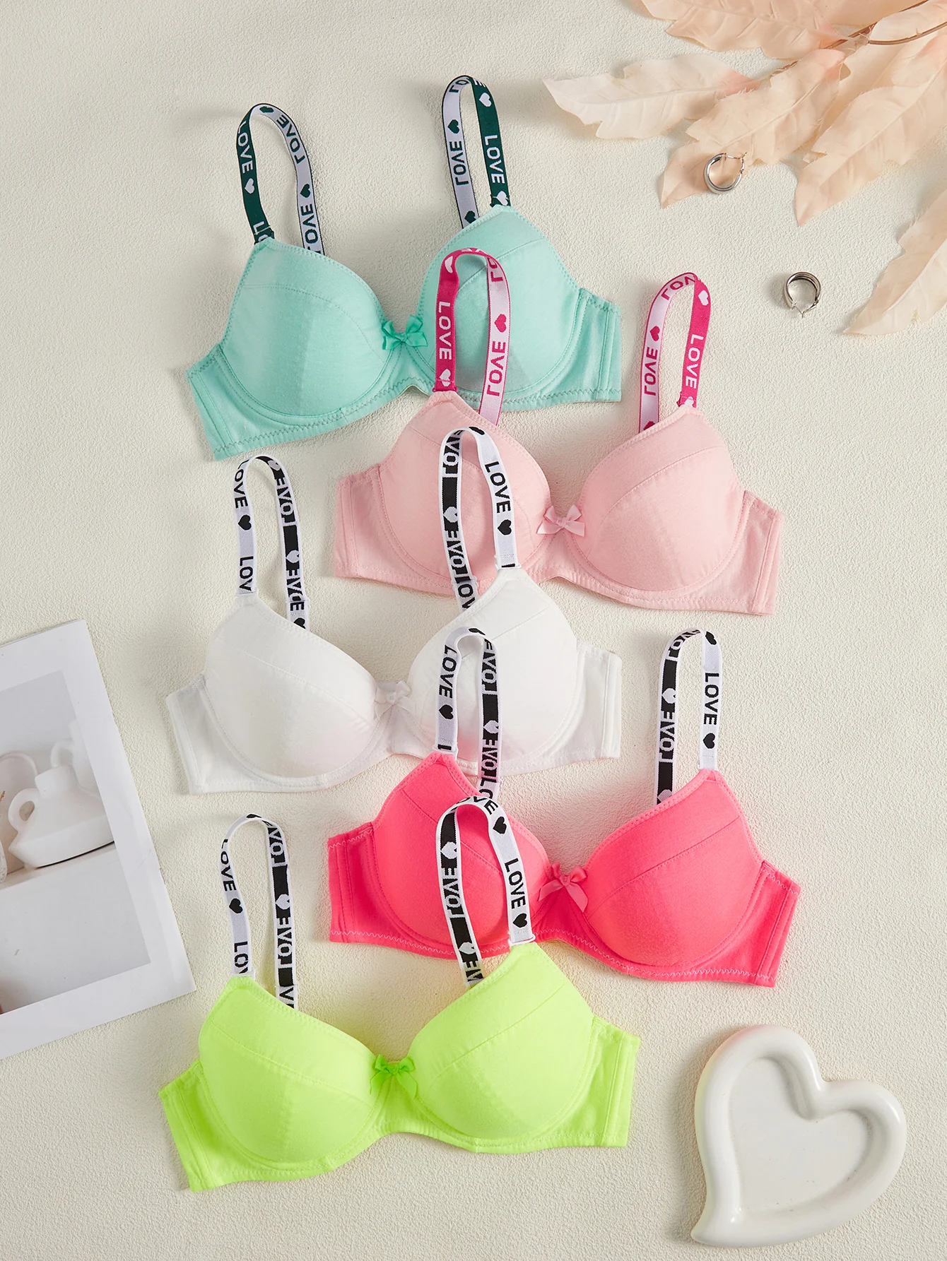 5PCS Dopamine Color Push up Bras Women Adjustable Letter Strap Basic Underwire Bra Stylish Thin Cup Lingerie