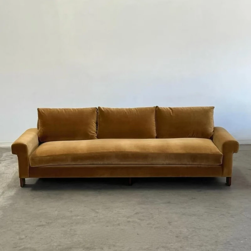 

Old money style retro yellow high-footed solid wood foot sofa replica French niche designer art style three-person sofa