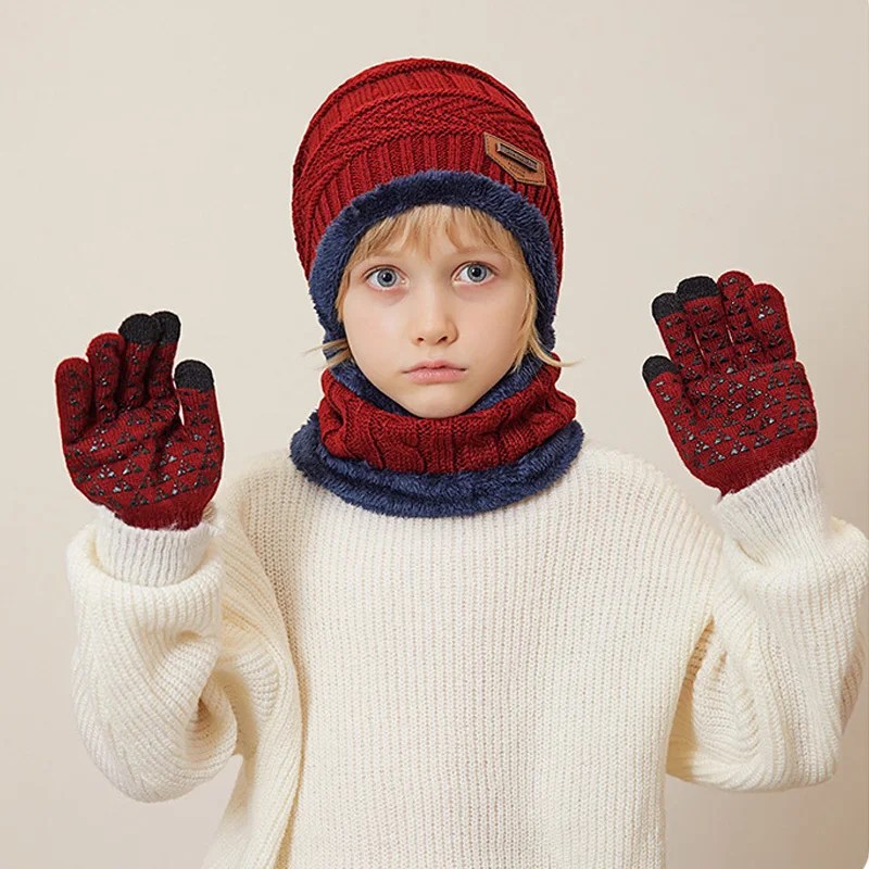 4 Stuks Winter Kids Muts Sjaal Handschoenen Pluche Voering Warme Kinderen Gebreide Mutsen Set Anti Slip Handschoenen Nek Warmer Kind Cap 4-10y