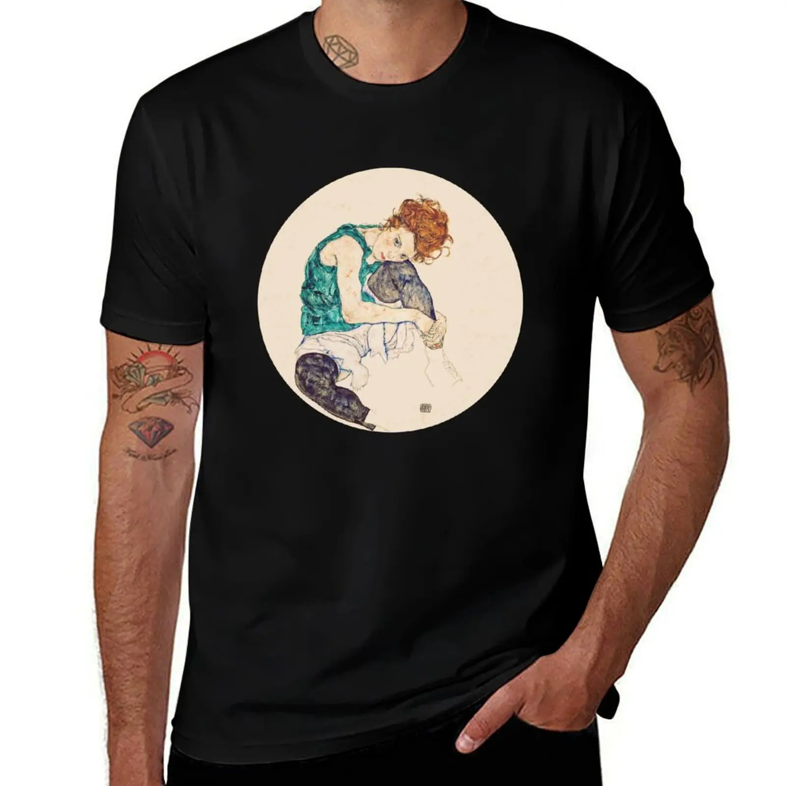 HD Seated Woman With Legs Drawn Up , by Egon Schiele - HIGH DEFINITION T-Shirt Daily Wear Plain Short Sleeve Shirt T-Shirt