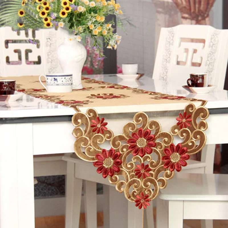 European Table Runner Embroidery Elegant Tablecloth Cover Organza Fabric Embroidered Rustic Table Runners Wedding Decoration