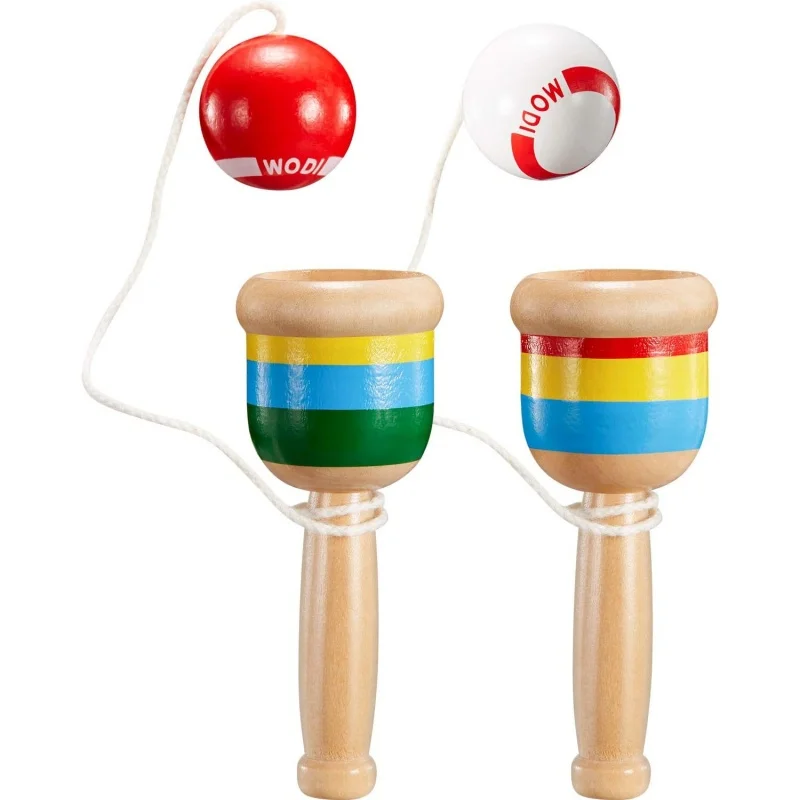 Klassisches Tasse- und Ballspiel aus Holz, Koordinations- und Gleichgewichtsspielzeug, rot-weiße Perlen und Schnur, stapelbare Tassen, Outdoor-/Party-Aktivitätsgeschenk – Detail 1