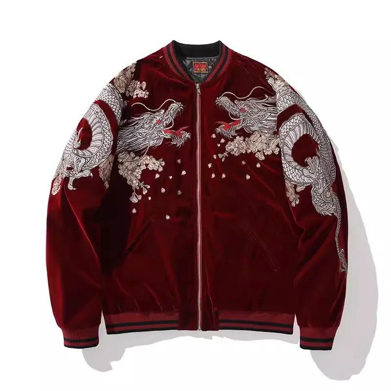 Chłopiec Mężczyźni Sukajan Souvenir Jackets Coiled Dragon Peony Embroidered Loose Coats Hip Hop Streetwear Red Black Stripe High Street — zdjęcie 4