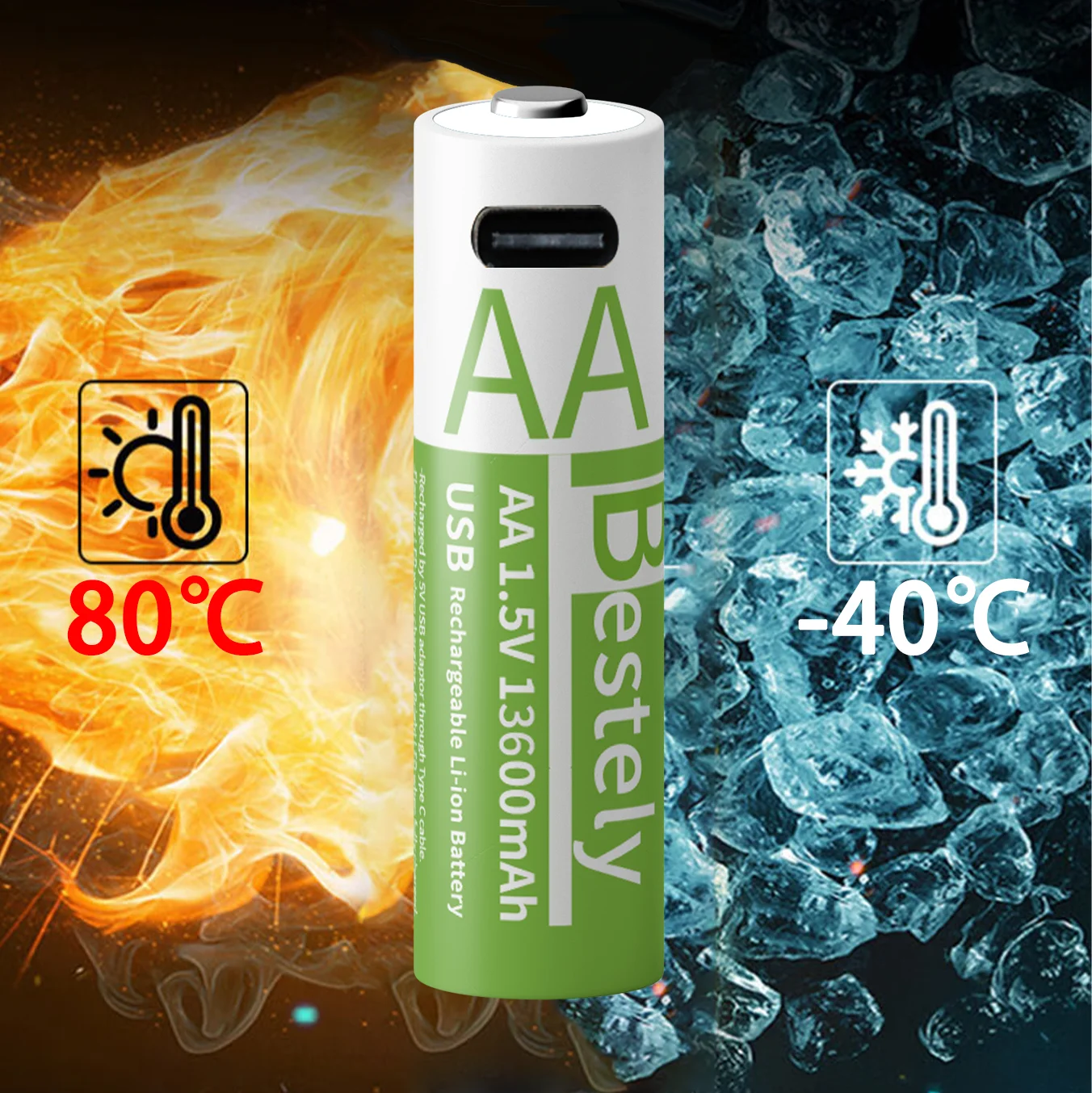 Bestely AA 13600mAh 1.5V Rechargeable Lithium Battery Long Lasting Fast Charging Li-ion Batteries 2000 Cycles with USB-C Cables