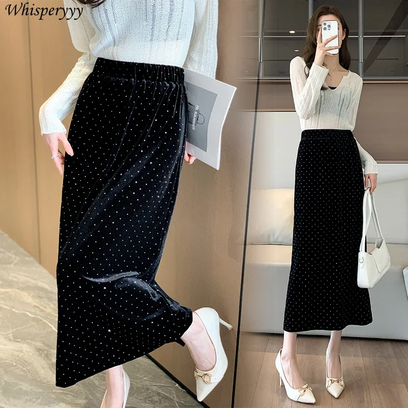 Hot Drill Golden Velvet Skirt for Women Spring Slit Straight Tube Wrap Hip Skirt Female Elegance Black Faldones Para Mujer