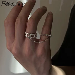 Foxanry Hollow Geometric Chain Two-finger Rings For Women Couples Trendy Hip Hop Personality Creative Party Jewelry Accessories