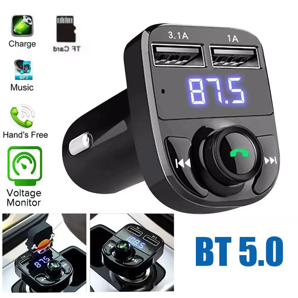 Carregador de carro multifuncional com porta USB dupla, sem fio, Bluetooth 5.0, transmissor FM, adaptador de música, receptor de rádio para chamadas mãos-livres