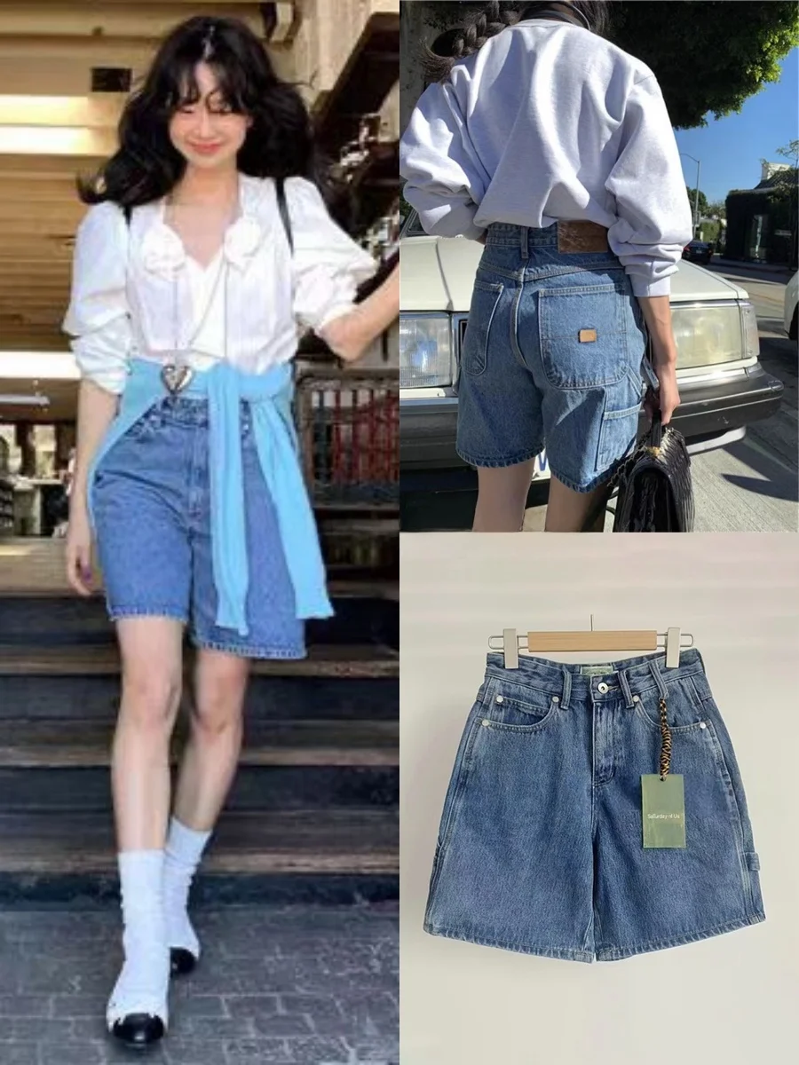 

Loose Casual Vintage Blue Workwear Denim Shorts Five-Point Pants Women's Summer Straight Leg Zipper Fly Blue Jeans