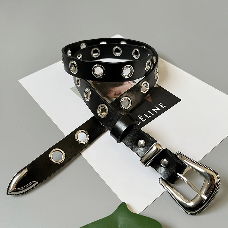 Women Embossed Hole Leather Cowboy Western Buckle Waistband Belt