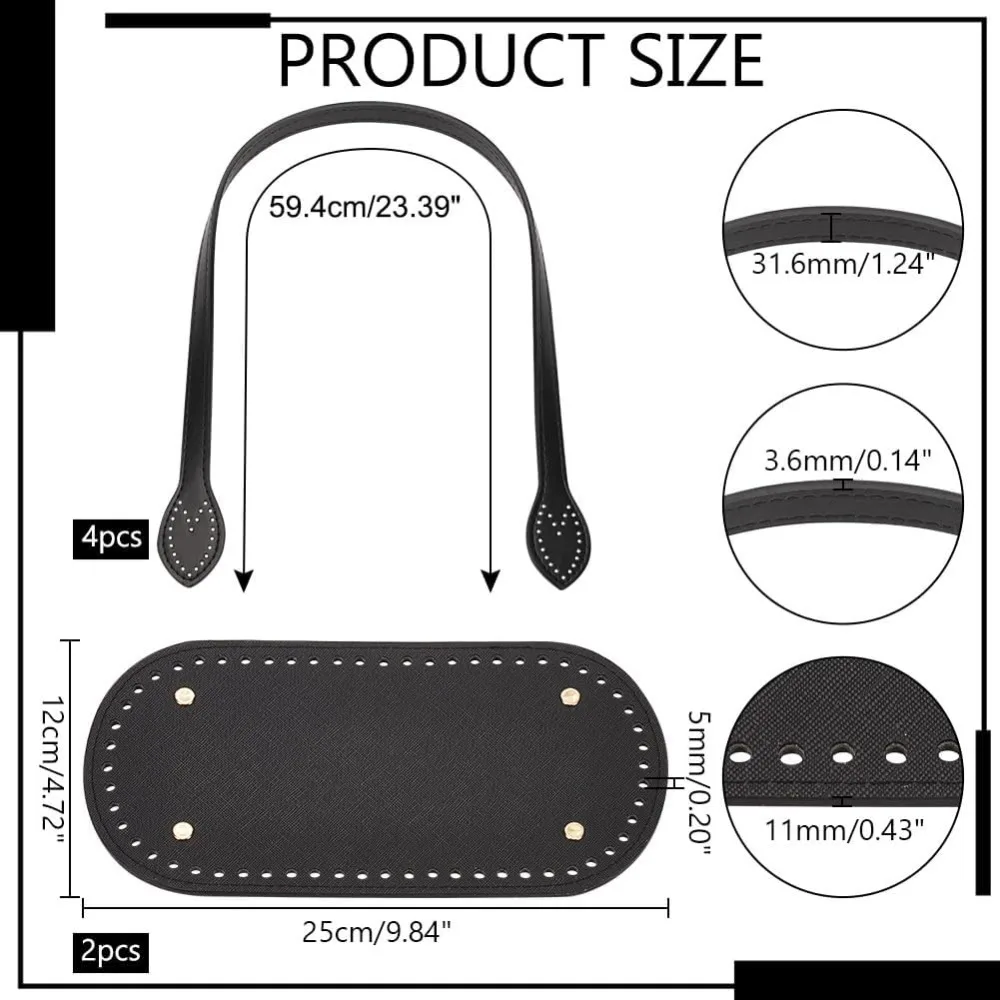 2pcs 9.8 x 4.7 Inch Black Oval Long Crochet Bag Bottom Base Pad with 4pcs 23.3 Inch Leather Bag Handle Purse Straps Leather Bag