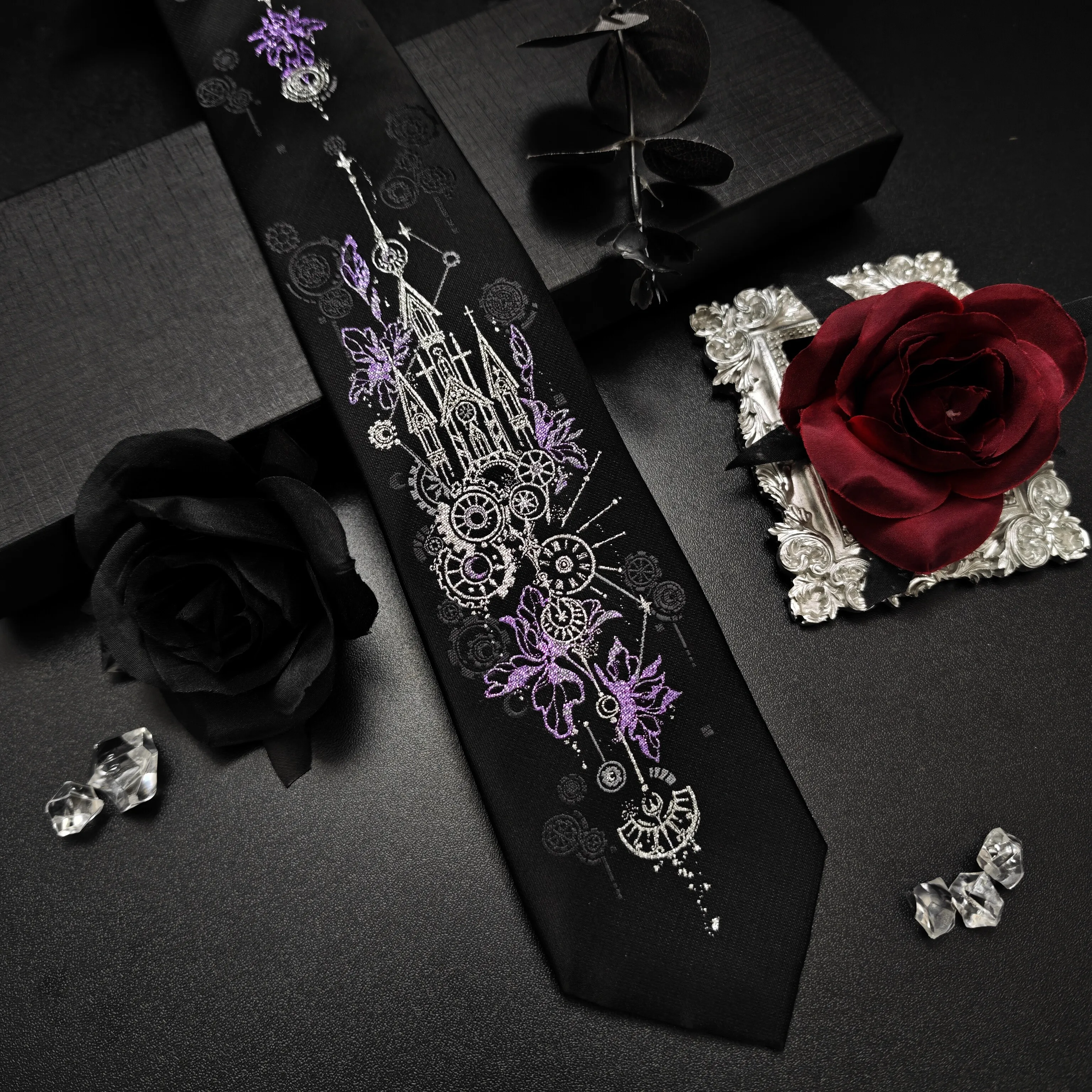 

Future Sci-fi Mechanical Castle Pattern Gothic Punk Tie Man Woman Jacquard Woven Gold Hand-tied Neck Tie Clothing Accessories