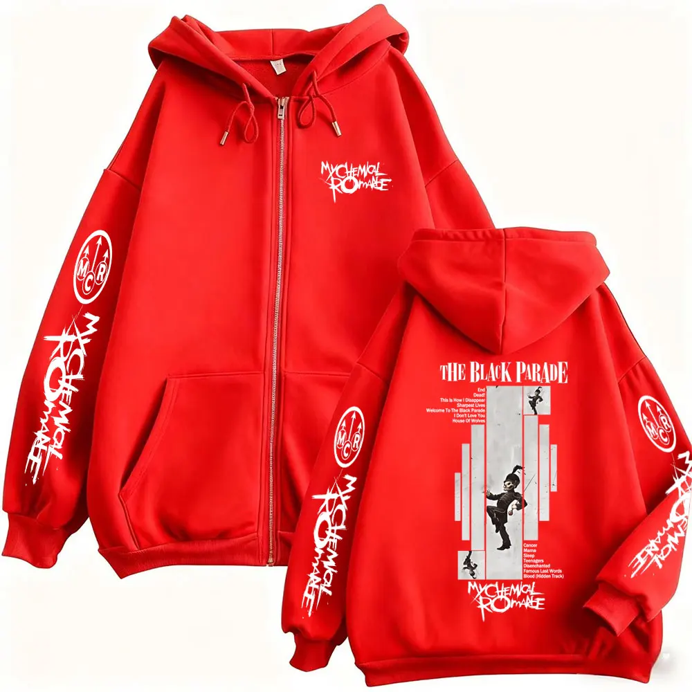 سترة بانك إيمو روك ماي كيميكال رومانس ذا بلاك باريد بغطاء للرأس بسحاب للرجال والنساء كاجوال كلاسيكية كبيرة الحجم بسحاب