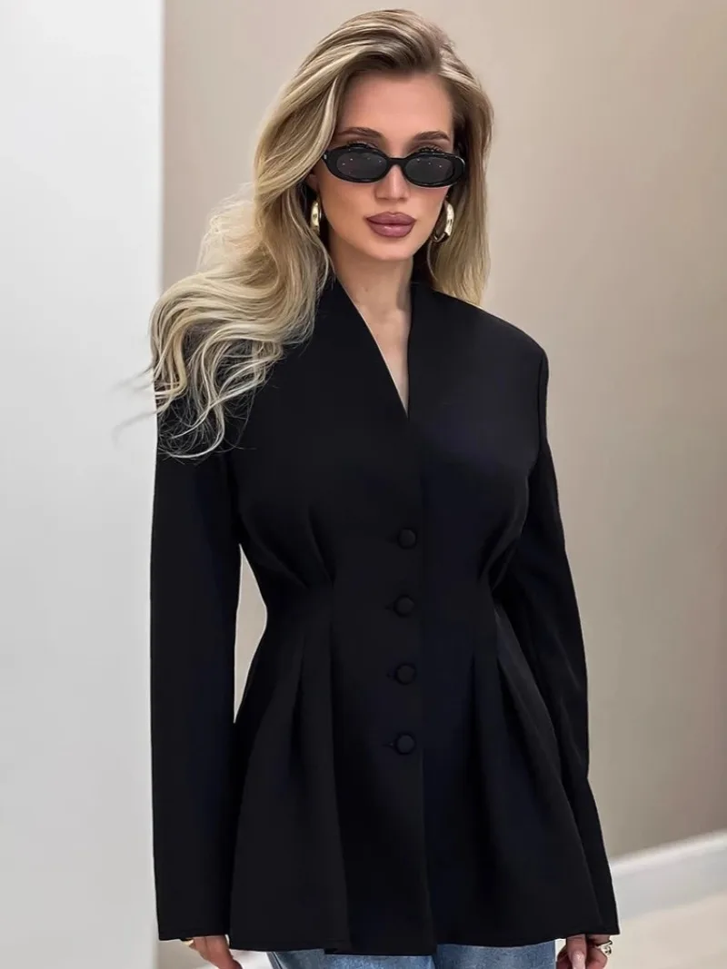 

Женские элегантные туники с v-образным вырезом, черный костюм, осенний однобортный тонкий пиджак с длинными рукавами и рюшами, уличная одежда, костюм Fé изменений