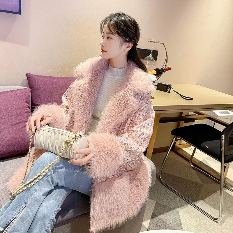 2023 Winter New Women's Fashion Glitter Coarse Wool Blended Imitation Fur Long Sleeve Loose Coat