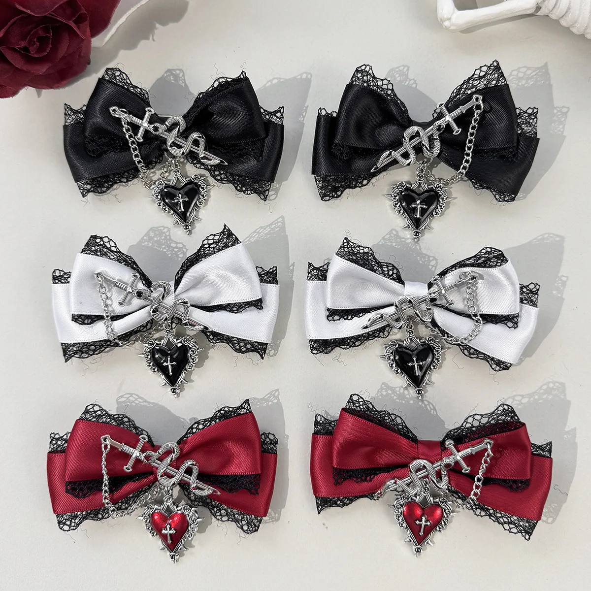 Handmade Lace Bow Hair Clip Serpentine Cross and Heart-shaped Pendant Chain Hair Accessory Suitable for Dark Gothic Lolita Dress