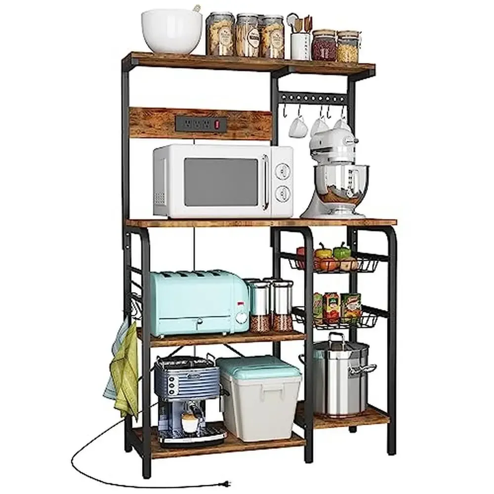 

Kitchen Bakers Rack Power Outlet Storage Microwave Stand Shelves Spice Utensil Holder Coffee Bar Appliance Organizer