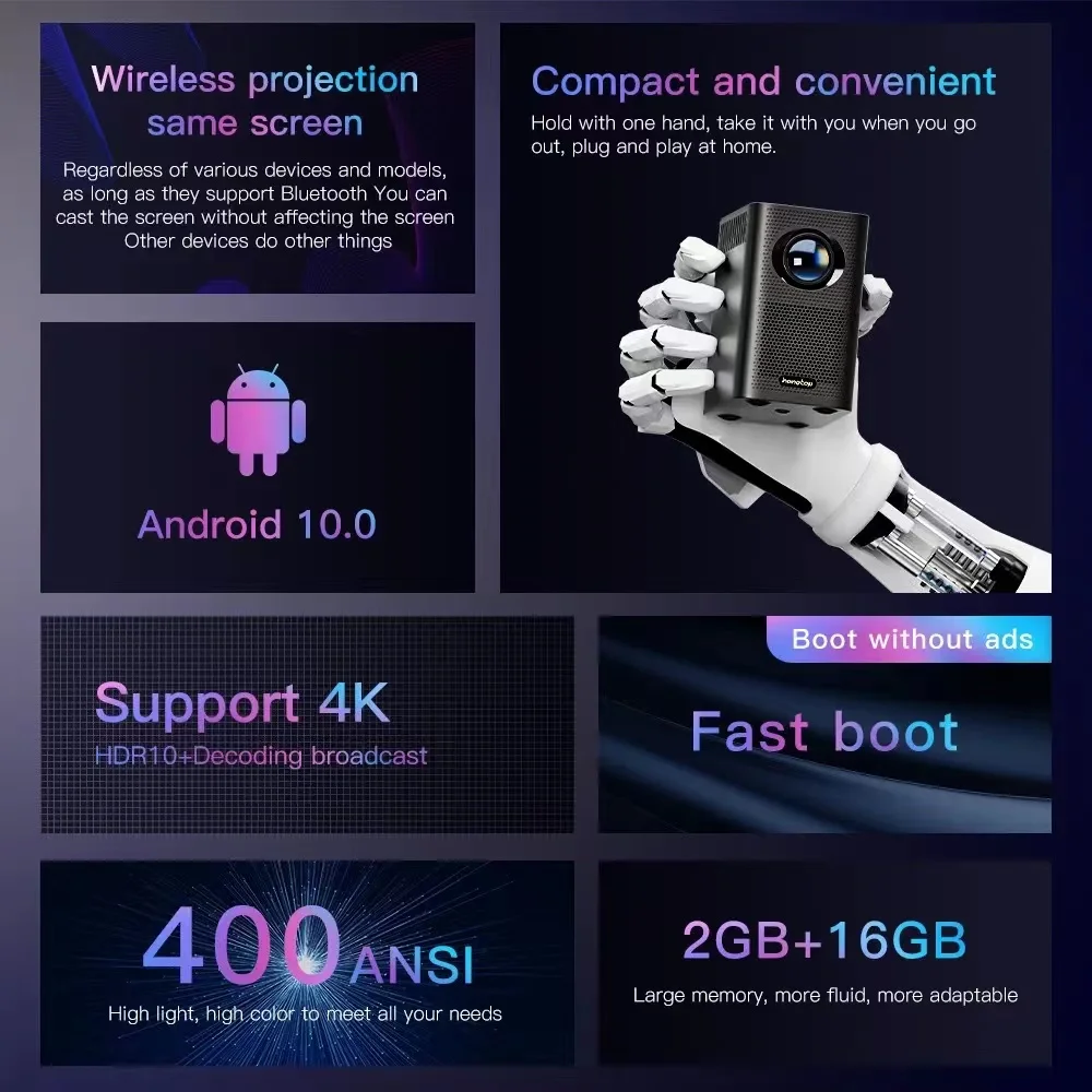 HONGTOP S30 Max 400 Ansi Lumens الإصدار العالمي 4K جهاز عرض صغير محمول أندرويد 10 2GB + 16GB مسرح متعاطي المخدرات للمسرح المنزلي