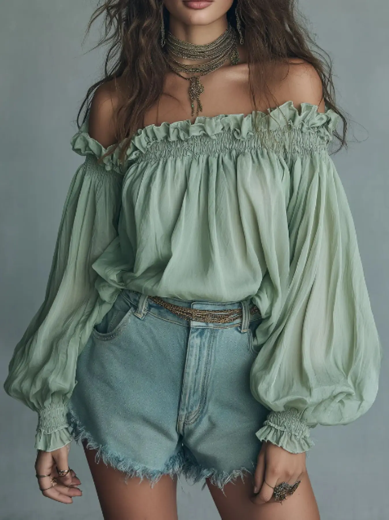 

Mint Green Off-the-Shoulder Ruffle Top, Elasticated Bubble-Sleeve Loose-Fit Shirt, Bohemian-Style Delicate Off-the-Shoulder Top