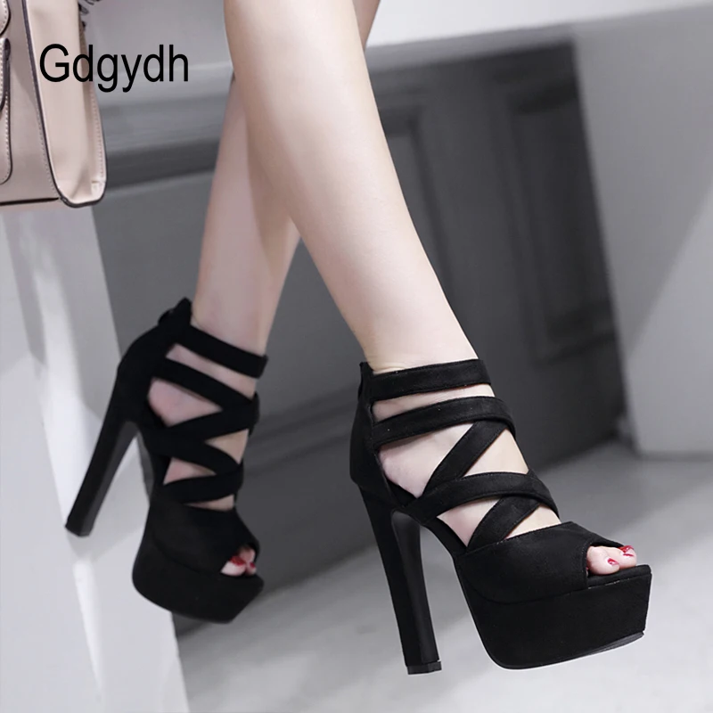 Gdgydh Women\'s Open Toe High Platform Ankle Strap High Heels Stiletto Sandals Back Zipper Black Strappy Cross Tied Party Shoes