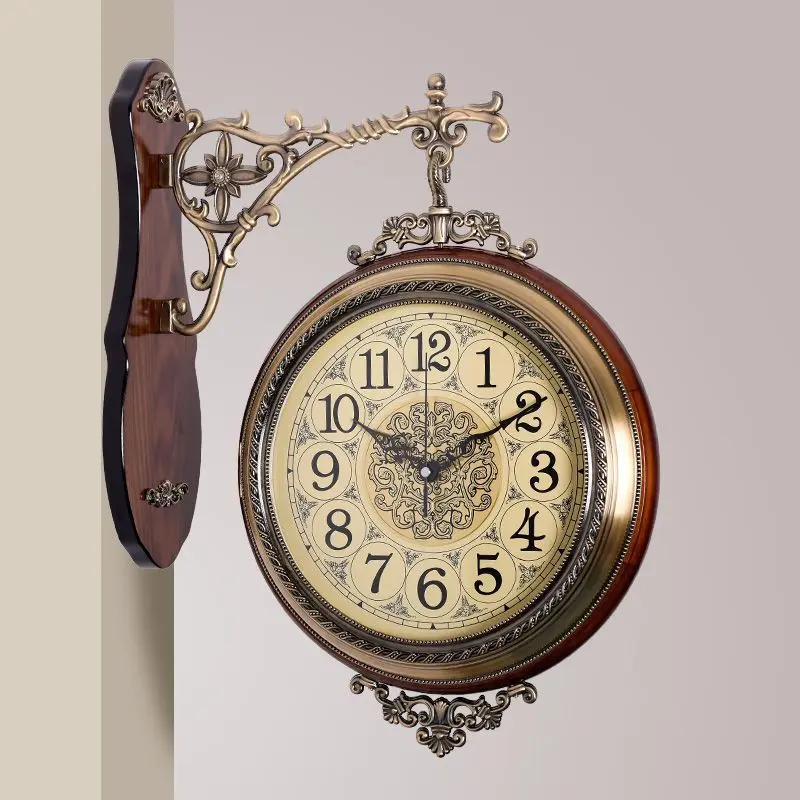 Double-sided Wall Clocks Large 360 Degree Rotation Solid Wood Silent Luxury Wall Clocks European Vintage Living Room Decoration