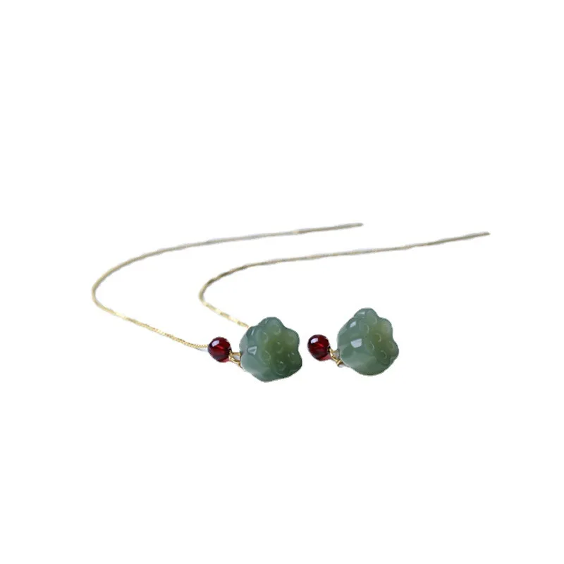 Natural Hetian Jade Small Lotus Pod Ear Threads Pendants Earrings Jewelry with Wine Red Garnet Crystal Beads Gifts view 5