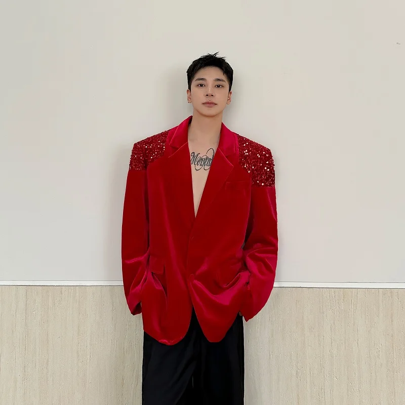 

Red Velvet Men's Suit Jaet oulder Pads Stage Performance Casual Outerwear Long Sve Youth Faion Autumn Collection