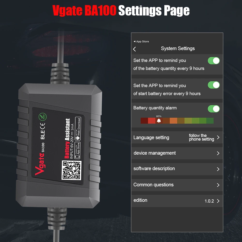 Newest Vgate BA100 6~20V Battery Tester Works via Bluetooth 4.0 Phone APP Real-Time Monitoring Voltage&Health Battery Assiantant