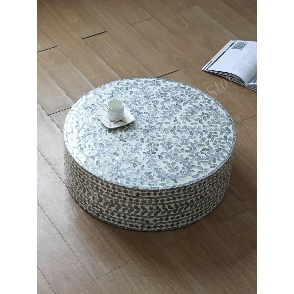 Round Shell Mosaic Coffee Table, French Luxury Low Table, Handmade Nacre Inlay Tea Table for Tatami, Living Room