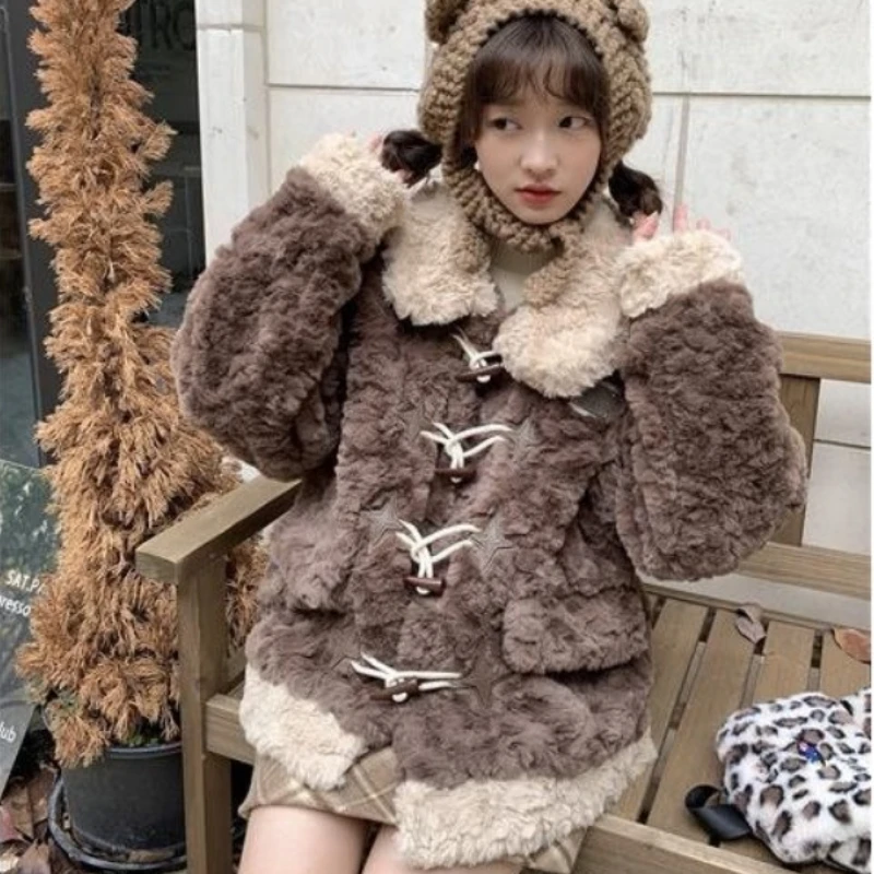 Coreano carino Vintage monopetto lana di agnello donna giacche inverno sciolto addensato caldo peluche velluto cappotto Casual Kawaii Outwear