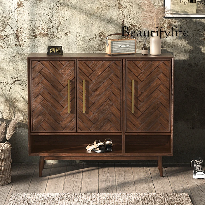 

Solid wood frame multi-layer shoe cabinet Nordic household locker partition door large capacity entrance shoe cabinet