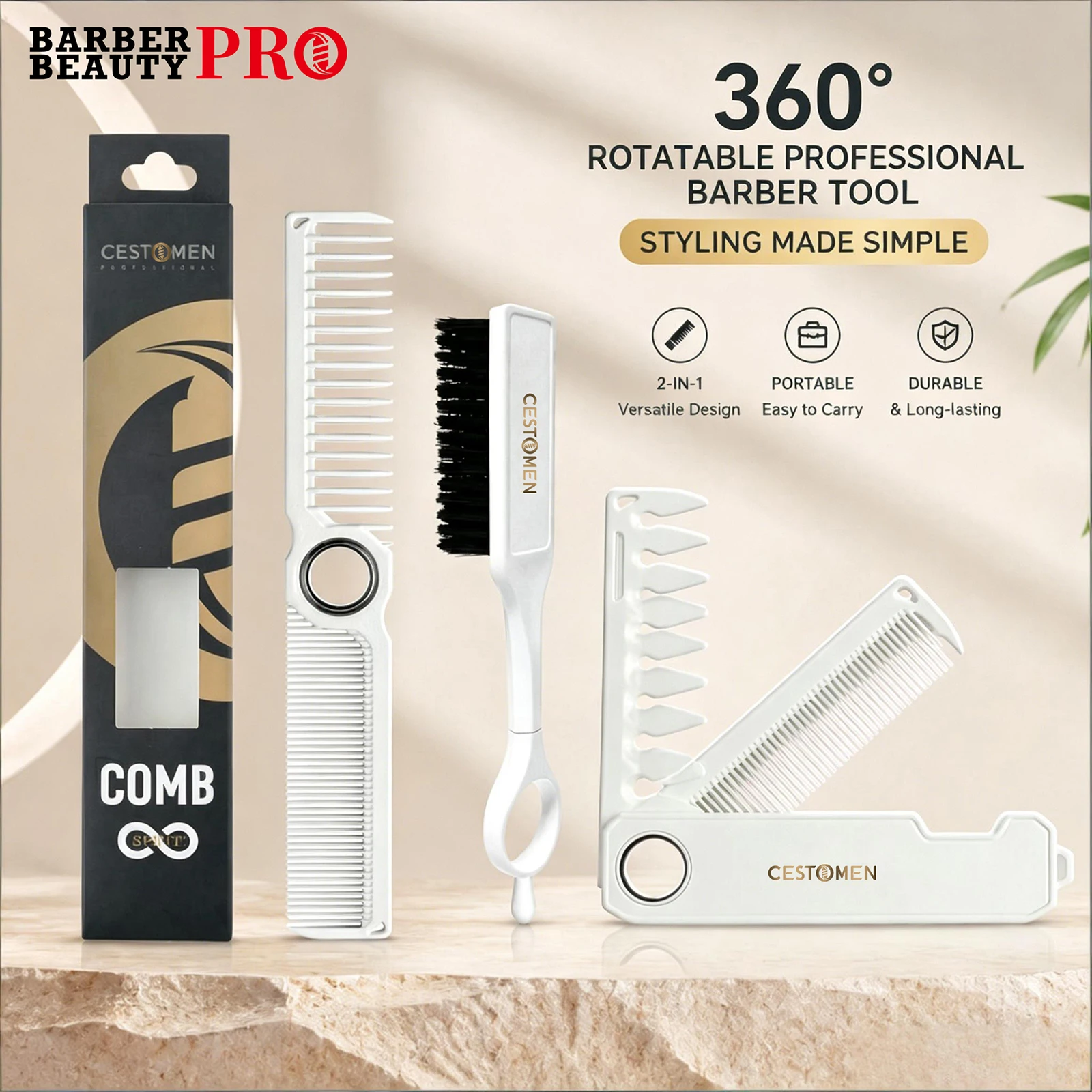 1 Pieza Profesional 360 ° Peine de barbero giratorio de doble cara, plegable y portátil, cepillo para desvanecimiento de color, para el cuidado y peinado del cabello masculino