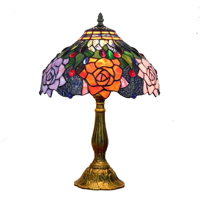 

American Country Stained Glass Rose Pastoral Creative Bar Bedroom Bedside Glazed Desk Lamp