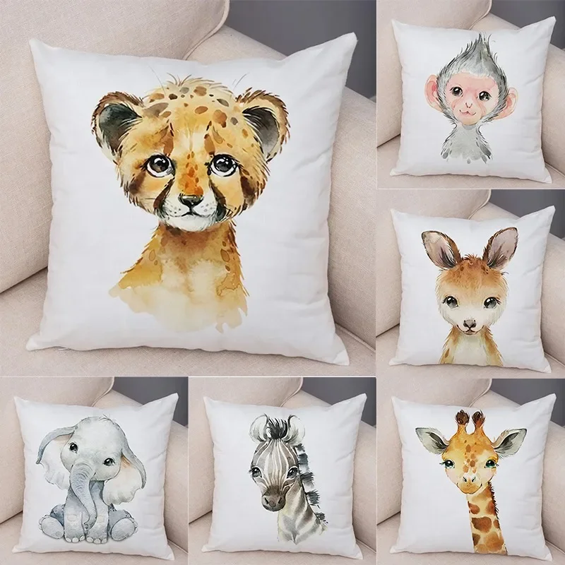 Watercolor Cute Animal Cushion Cover Sofa Home Decor Zebra Giraffe Hippo Monkey Lion Fox 45x45cm Silk Pillowcase  Pillow Cases