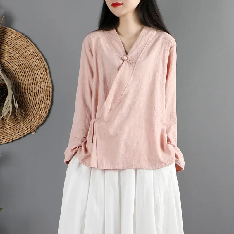 

Retro Pure Color Cotton Linen Embroidered irt Large Size Women's Faion plus Size Button up Long Sve V Ne Open Cardigan
