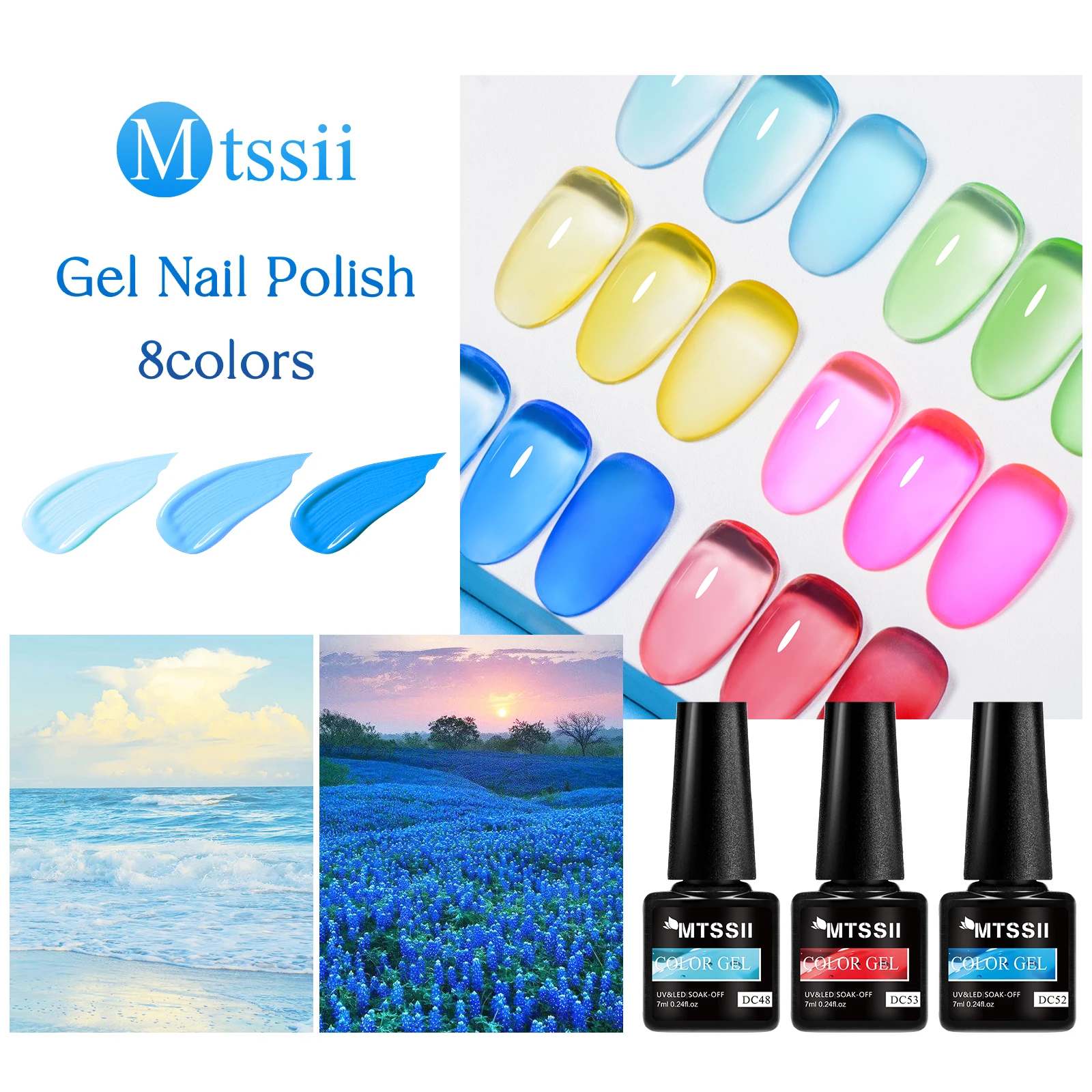 8PCS Blue Glass Nail Art Jelly Nude Gel Set Nail Polish Summer Color Nail Manicure Semi Permanent Soak off UV Nail Varnish Kit