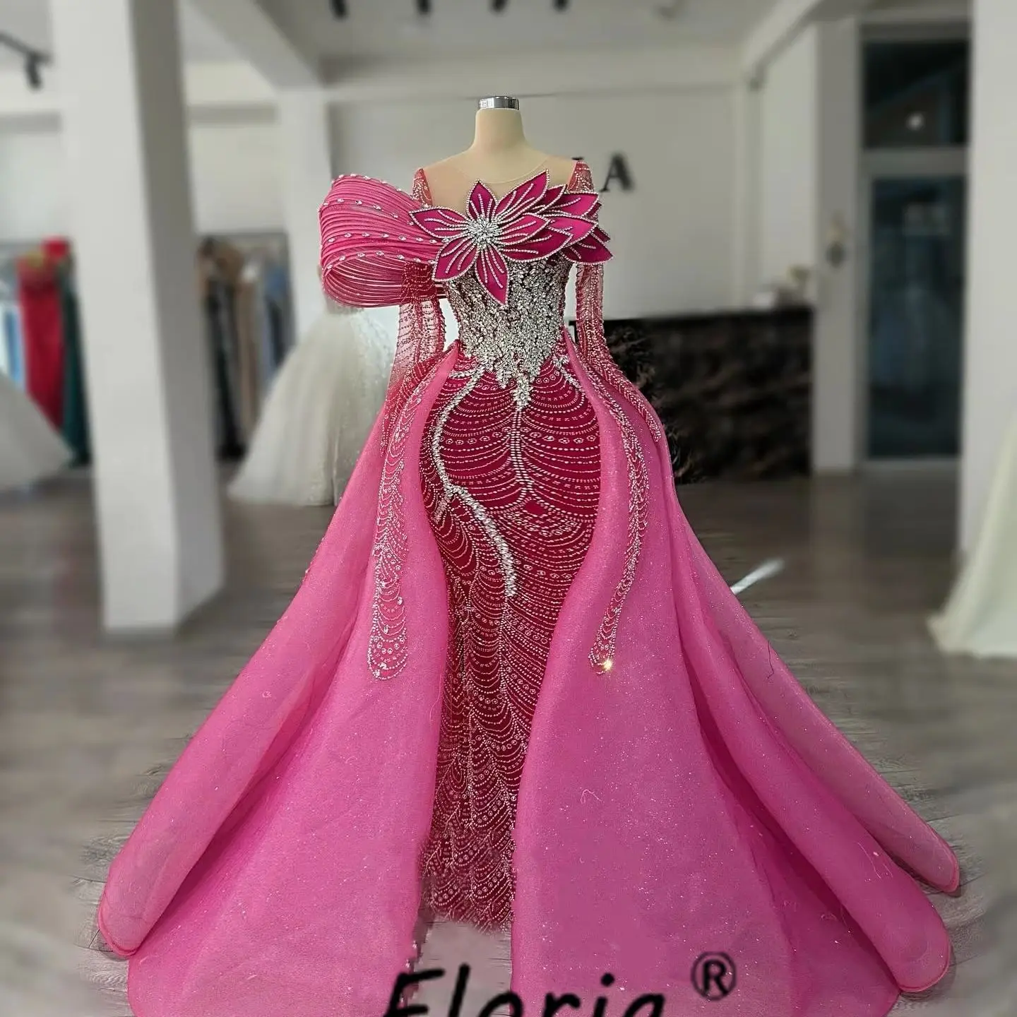 Vestido de noche de sirena fucsia de Dubái de lujo con tren desmontable, cuentas pesadas, hojas de cristal 3D, Vestidos de fiesta de boda, Vestidos de gala