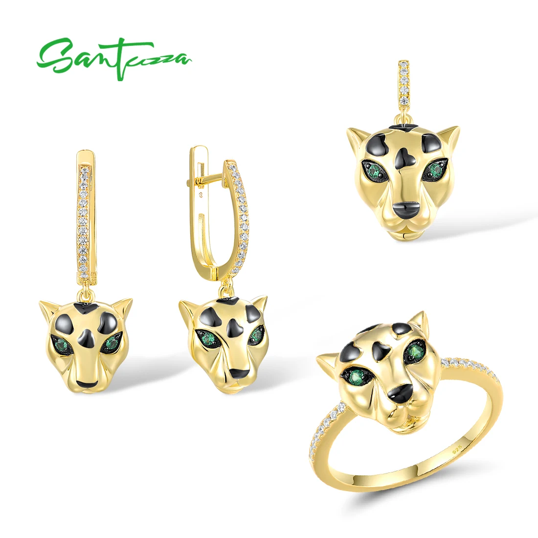 

SANTUZZA Jewelry Set For Women 925 Sterling Silver Green Spinel White CZ Gold Plated Leopard Pendant Earrings Ring Fine Jewelry