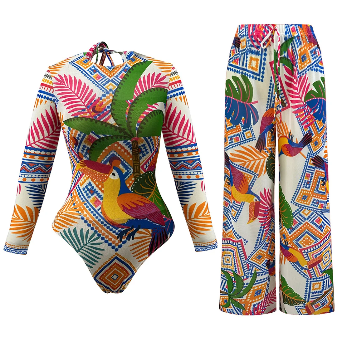 S - XXL Neuer bedruckter Damen-Badeanzug mit langen Ärmeln, einteilig, mit Sarong-Hose, gepolstert, Badeanzug, Badebekleidung, V8118 – Detail 3