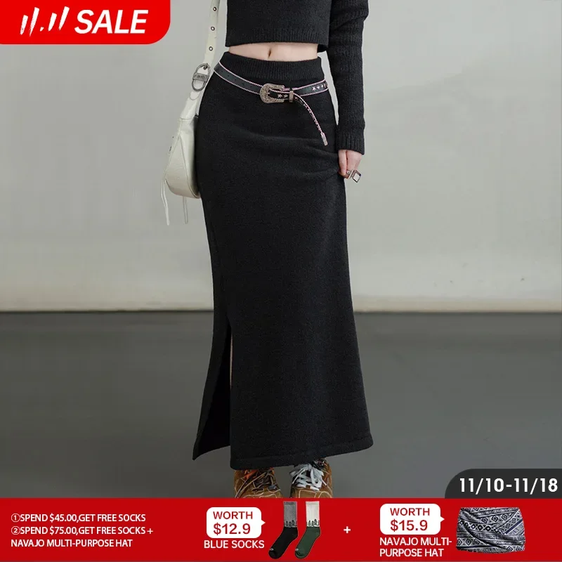 

Maden Retro Knitted Skirt Solid Color Slit Fit with Single-side Slit Versatile A - line Skirt for Women's Autumn and Winter