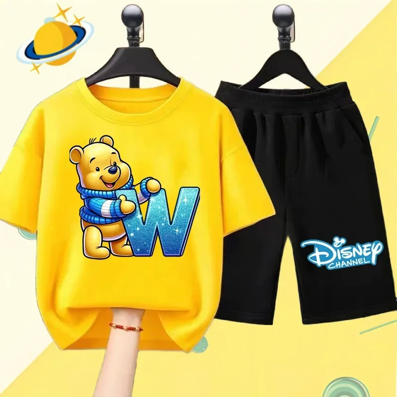 Winnie the Pooh Children's T-shirt set Letter cartoon print Boys and Girls clothing Kawaii Sports short sleeve shorts 2 shirts