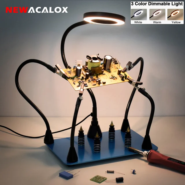 NEWACALOX PCB klipsy mocujące uchwyt lutowniczy trzecia ręka narzędzie magnetyczne elastyczne pomocne dłonie z 3X podświetlaną lupą LED