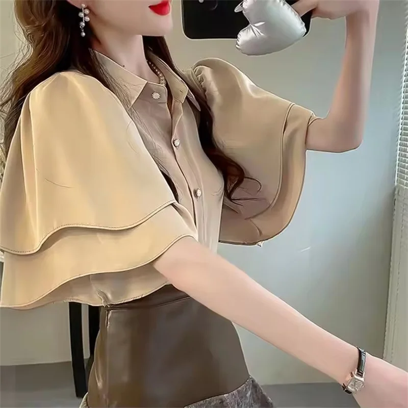 Senhora verão camisa solta nova blusa coreana solta cor sólida plissado manga curta chiffon topo senhoras